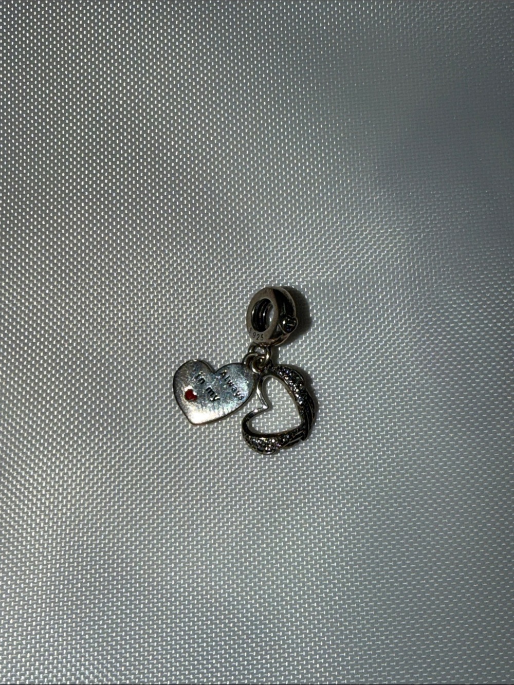 Pandora Sterling Silver Double Heart Dangle Charm - Silver with Red Accent